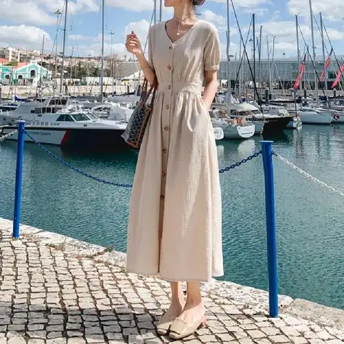 很仙的法国小众衬衫连衣裙夏2021新款桔梗裙过膝气质收腰v领长裙