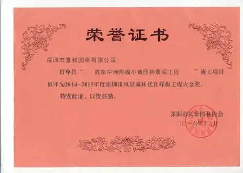 成都熊猫小镇项目荣誉证书