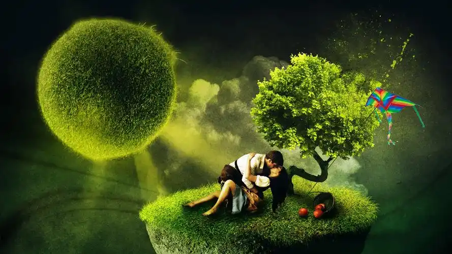 移动爱情,树,草地,苹果,创意,情侣接吻桌面壁纸