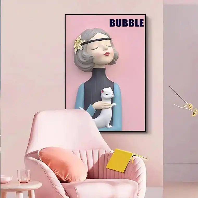 卡通泡泡女孩三联装饰画客厅画铝合金边框沙发背景画挂画孩601 - 抖音