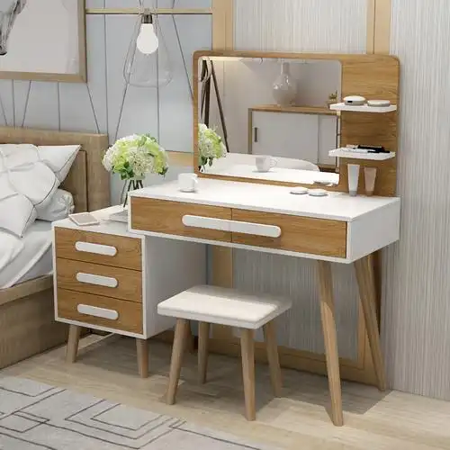 寻木匠梳妆台卧室简约现代小户型书桌一体组装化妆桌实木色桌子带镜子