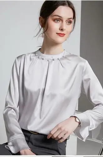 高端桑蚕丝真丝女宽松上衣气质长袖t恤圆领体恤时尚洋气小衫 粉色 m