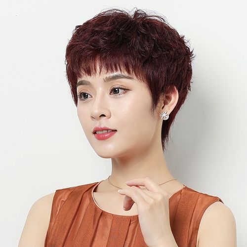 女短发妈妈全头套自然中老年时尚女士短卷发发型真人发丝 酒红色真发
