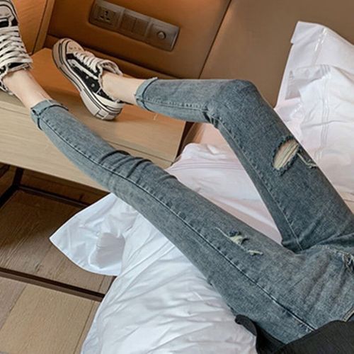 啾叮紧身小脚小裤脚牛仔裤女修身午孑裤库高腰破洞高腰仔裤女修身小脚