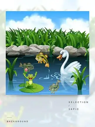 可爱的天鹅在池塘和青蛙上 i>游 /i> i>泳 /i>