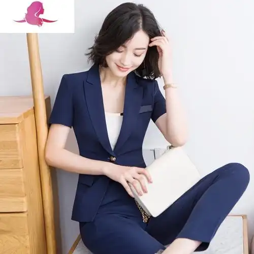 艳如飞职业装套装女夏季新款气质时尚短袖西装套裙正装条纹薄款工作服