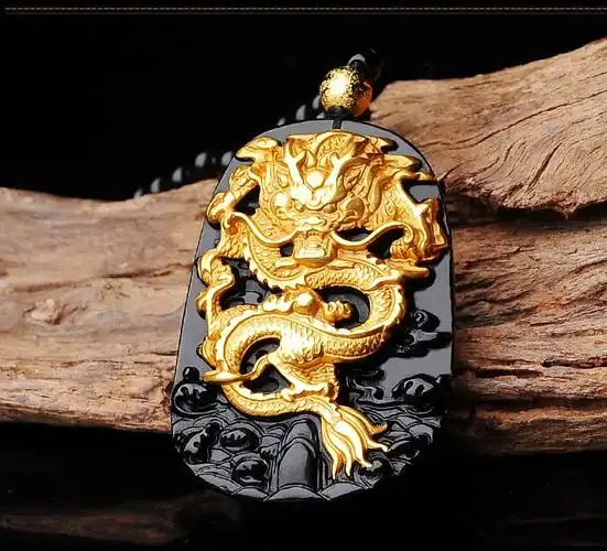 御大师天然黑曜石镶18k金龙牌吊坠男女款转运黄金色龙项链高档挂件