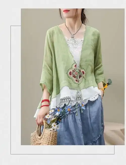 棉麻短袖上衣宽松显瘦刺绣复古小衫 - 17网