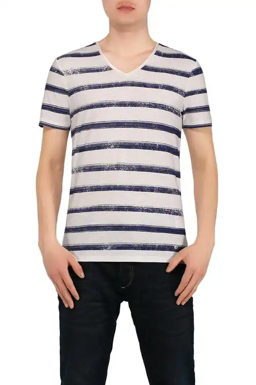 波士 海军条纹 棉 男士v领休闲短袖t恤 hf 5025 9602 101