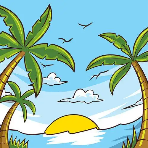卡通手绘夏季棕榈树海边风景图
