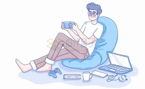 卡通男孩坐在懒人沙发上玩手机游戏彩绘插画png图片素材