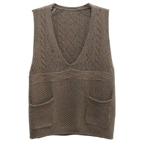 复古文艺春秋季毛线背心女外穿宽松v领双口袋针织衫工字马甲女