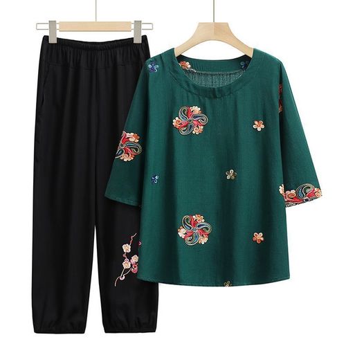 中老年女装夏装提花宽松两件套妈妈套装老年人夏季中袖上衣 裤子