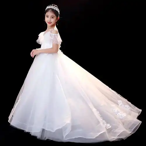 花童礼服女儿童婚纱女童公主裙白色蓬蓬纱走秀大拖尾小主持人礼服
