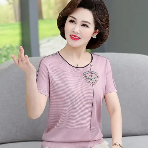 中老年女桑蚕丝短袖t恤大码上衣40-50岁妈妈夏装洋气针织冰丝小衫