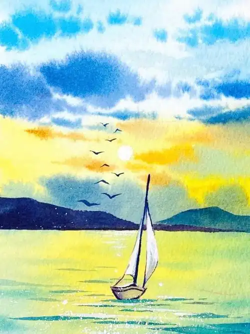 水彩风景小帆船
