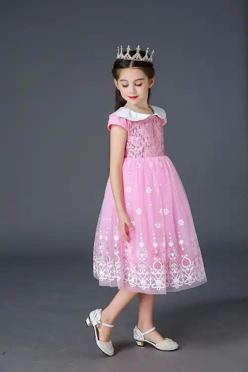 女童短袖连衣裙儿童艾莎礼服长裙子夏季新款 短袖粉裙子 送皇冠魔法棒