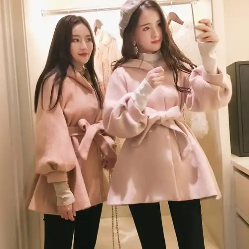 2018秋冬新款韩版可爱连帽灯笼袖蝴蝶结收腰毛呢大衣外套闺蜜装女