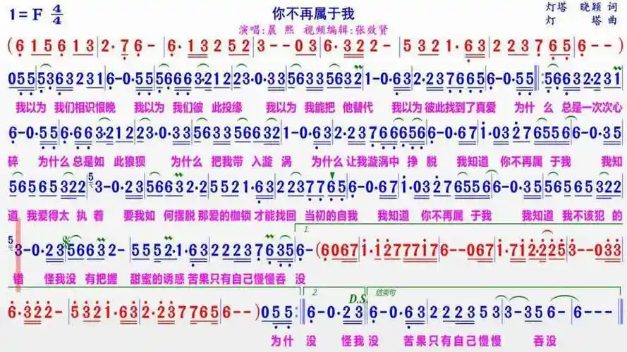 晨熙演唱《你不再属于我》的光标跟随动态有声简谱_腾讯视频