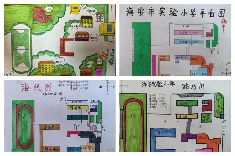 了解并记录每个建筑所在的位置,绘制出简易的校园平面图