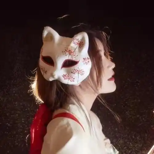 网红猫脸cos和风动漫猫女手绘狐妖舞会道具日式狐狸面具古风半脸
