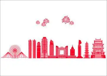 红色中国南昌地标建筑和烟花矢量插画