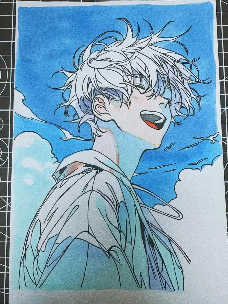 摸个插画.#马克笔手绘 #手绘动漫人物 #线稿 #蓝色治愈系 - 抖音