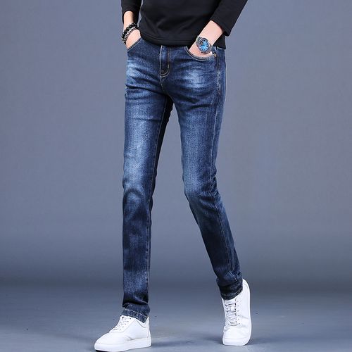 潮牌深蓝色刺绣牛仔裤男裤春季高端弹力修身小脚牛仔裤