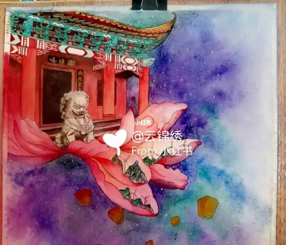 家乡蓬源仙寺庙水彩绘画设计