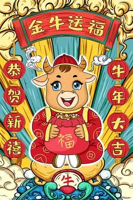2021牛年春节国潮风金牛送福卡通手绘小牛原创插画海报