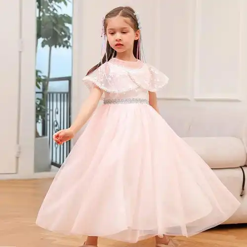 礼服公主裙女童夏儿童连衣裙洋气花童云肩钉珠蓬蓬纱裙甜美小公主