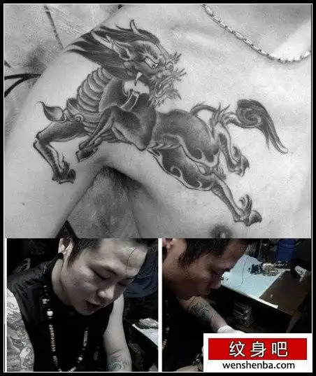 男性前胸到肩膀处超酷的麒麟纹身图案