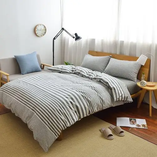 无印良品风床单款全棉素色格纹条纹水洗棉四件套