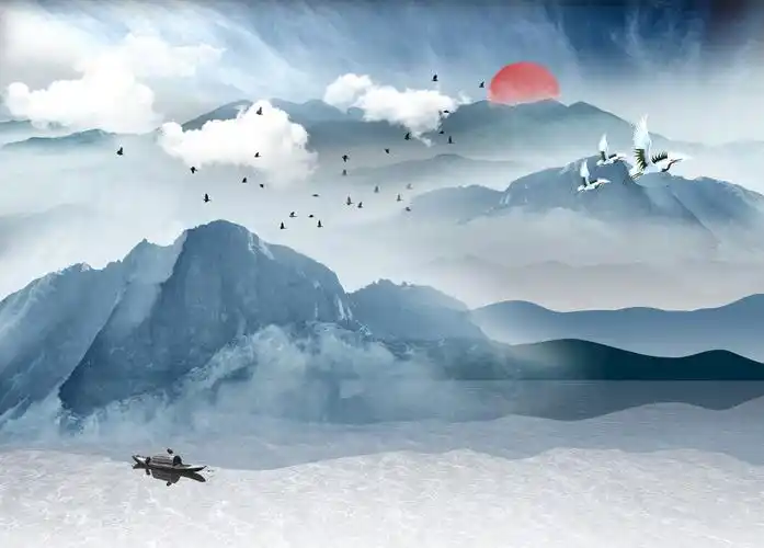 7-深色 蓝天山水风景大理石纹背景墙 壁画