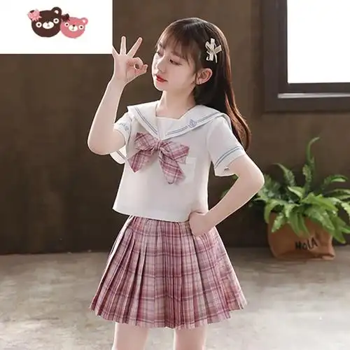 绿彩虹光女童jk制服裙子夏季小学生连衣裙儿童装学院风套装女孩百褶裙