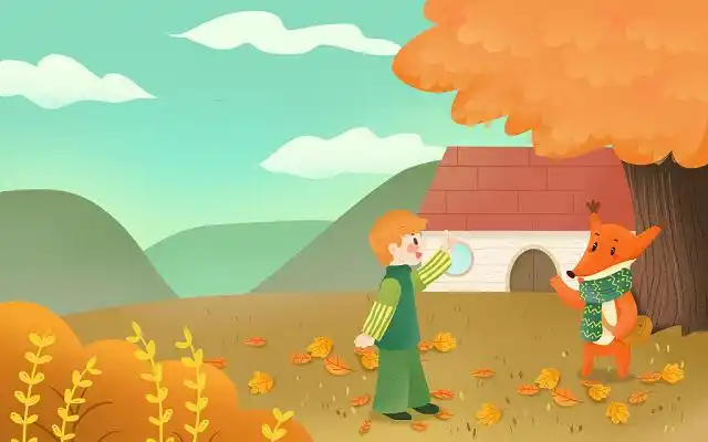 秋天插画金黄色的秋天可爱小男孩和小狐狸童话原创插画海报