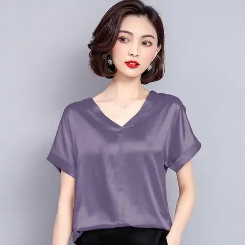 大牌真丝t恤女夏季新款大码高档缎面小衫宽松短袖桑蚕丝妈妈上衣