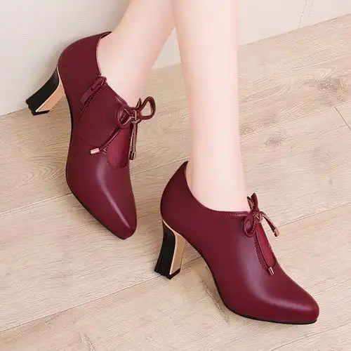 春秋高跟鞋女粗跟走秀真皮鞋子2020春季新款女鞋韩版百搭皮鞋单鞋