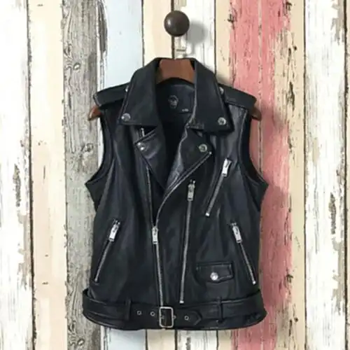 oy海宁绵羊皮真皮皮衣女时尚机车短款皮夹克背心马甲春秋修身外套