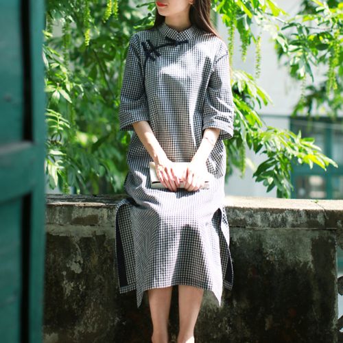 棉麻复古格子旗袍裙女民国风中式改良半袖连衣裙夏季中长款裙子