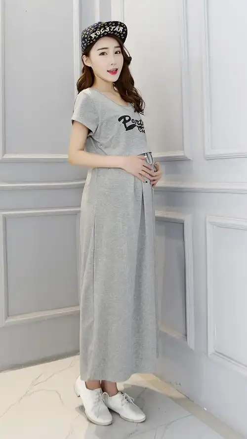 孕妇装夏装中长2018新款孕妇连衣裙夏季纯棉宽松短袖孕妇裙子哺乳