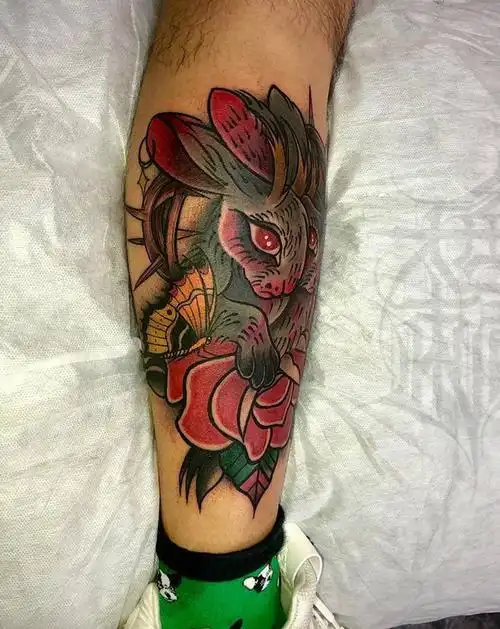 双头兔纹身图片_腿部old school兔子纹身图案