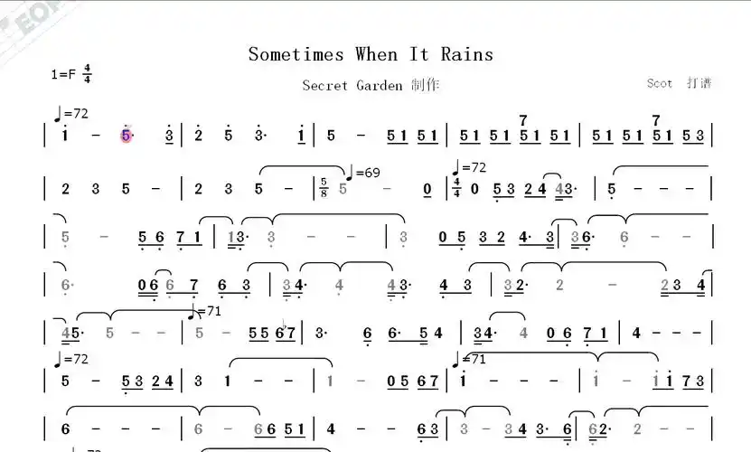 「神秘园音乐」sometimes when it rains(下雨的时候)-动态简谱
