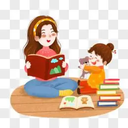 手绘卡通妈妈给女儿讲故事插画免抠元素