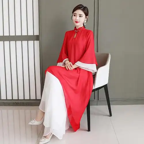 红色禅服茶服大码宽松裤连衣裙两件套(货号 am1206)