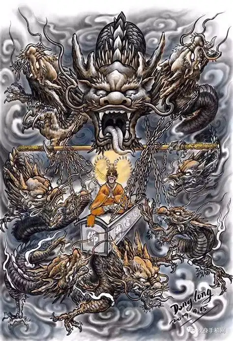 满背九龙拉棺纹身,满背九龙拉棺纹身手稿图案 - 纹身集市