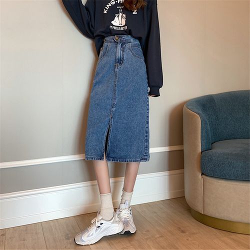 牛仔半身裙女春夏开叉高腰遮胯显瘦梨形微胖穿搭过膝中长a字裙子