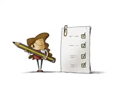 上市卡通一位女商人拿着铅笔在他刚完成的一份大调查问卷旁边.