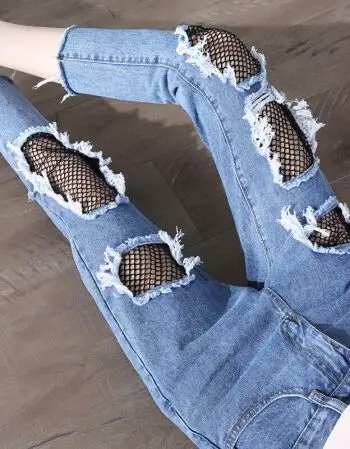 女士休闲品牌牛仔裤大破洞网裤牛仔裤女七分宽松显瘦膝盖网纱渔网裤