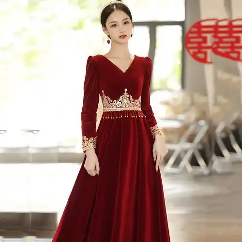 丝绒敬酒服新娘2021新款秋冬季长袖孕妇遮肚子礼服优雅结婚回门服